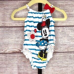 Disney Minnie Mouse Blue and White Stripe One Piece Swimsuit Size 6-12 Months